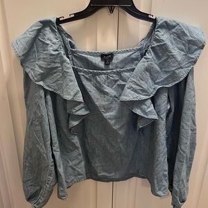 NWT J. Crew Blue Chambray Squareneck Ruffle Top Size Large Cotton Blouse
